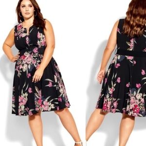 City Chic Black Floral Midi Dress Size L (20)